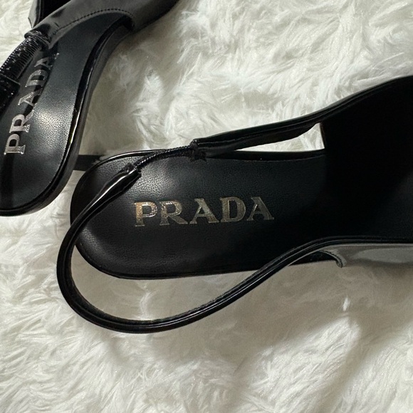 Prada Black Patent Slingback Pointed Pumps with Logo Plaque - Picture 4 of 8